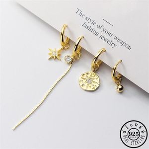 Hoop Huggie 925 Sterling Silver Asymmetrical Zircon Round Star Shape Hoops Earrings Gold Color Long Tassel Chain Ear Rings Jewel272u