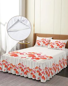 Sängkjol Röd akvarell vallmo elastisk utrustad sängflykt med örngott skyddande madrass täcker sängkläder set