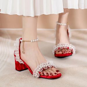 Sandals YQBTDL Sweet Style String Beads Buckle Summer Women 2023 Princess Open Toe Block High Heels Party Wedding Shoes Lolita