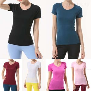 Women Sport Tee Shirt Short Sleeved Yoga Fitness Tshirt Stretch Running T-Shirts Round Neck Athletic Top Elastic Slim Swiftly Tech Breathable Lady