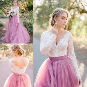 مذهلة 2024 Blush Pink Country Bohemain فساتين الزفاف ثيتر الدانتيل الطويل الأكمام عاريات الطبقات تول تنورة الصيفية حديقة الشاطئ الزفاف