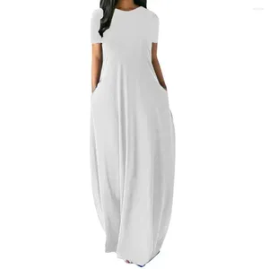 Casual Dresses Maxi Dress Oversize O-Neck Pockets Long Solid Short Sleeve High Waist Women Summer Party Daily Travel Streetwear