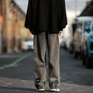 Męskie dżinsy kobiety haftowane z szeroką nogą streetwearu z kreskówkową kwiecistą haftą elastyczną talię głęboką krocze dla modnych