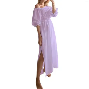 Casual Dresses Gauze Chiffon Dress Sexy Strapless Beach Sundress High Elasticity Wasit Women Temperament Short Sleeve Summer Side Slit