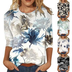 Women's Blouses Vintage Floral Print 7/10 Sleeve Crew Neck Bell Tops T Light Tunic Casual Tee