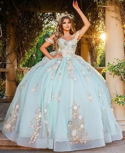 Quinceanera Dresses Party Prom Ball Gown Custom Zipper Lace Up Plus Size New Vestido De For Sweet 15 Applique Beaded Tulle Off-Shoulder 3D Floral Appliques Sleeveless