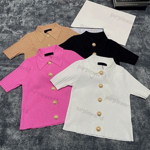 Kobiety Krótkie rękawowe designerki z dzianiny swobodny sweter Klapowy Topy Letnia moda 4 kolorowa koszulka
