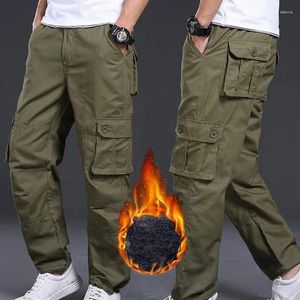 Mäns byxor Casual Cargo Thicket Fleece Multi-Pocket Military Straight Loose Trousers Male Overalls Elastic midja utomhus