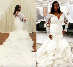 Plus Size African Mermaid Wedding Dresses 2024 Luxury Cathedral Ruffles Train Lace Long Sleeve Arabic Aso Ebi Bridal Dress Wear