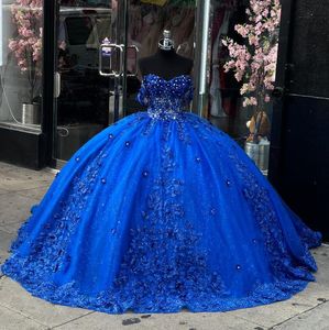 King Blue Princess Quinceanera Dress Off Shoulder 3D Floral Applique Gillter Skirt Boning vestido 15 quinceaneras Sweet 16