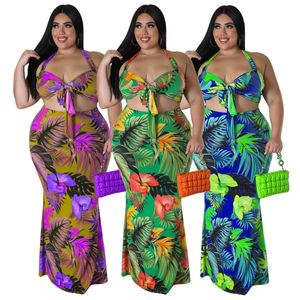 Plus Size Printing Beach Women Two Pieces Set Sexy Colorful Pattern Halter Sleeveless Crop Tops Mermaid Party Skirt 231228