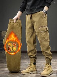 Men's Pants Winter Fleece Cargo Men Tactical Casual Brown Cotton Warm Slim Fit Elastic Waist Drawstring Jogging Trousers