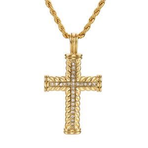 Hip Hop Shiny Rhinestone Cross Pendant Wheat Chain Stainless Steel Jewelry For Mens Luxury Blaing 4mm 22inch