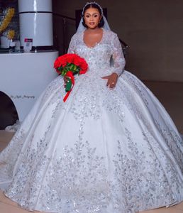 2024 Wedding Dress African Scoop Neck Long Sleeve Sequined Lace Appliques Puffy Bridal Gowns Customed Vestidos De Novia