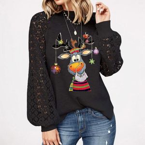 Женские блузки, женские повседневные кружевные вязанные крючком рубашки с круглым вырезом и рождественским принтом, вязаные пуловеры, осенне-зимние свободные топы