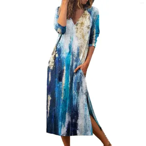 Casual Dresses Tie Dye Printing Women Maxi Dress V-hals Beach Vintage Art Side Hem Slit Pocket Robe Longue Femme Streetwear