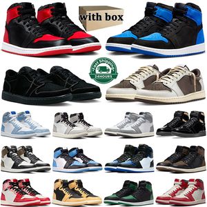 Satin Bred 1s Men Basketball Shoes Jumpman 1 Black Phantom Reverse Mocha Lost ووجدت Royal Spider Spider UNC Tee Mens Traiters Outdoor Sports 36-47