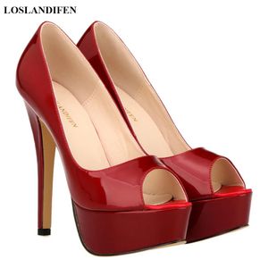 Buty Loslandifen buty kobiety patent skórzany czarny niebieski czerwony sztylet sztylet Pumps Wedding Platforma Platforma Panie Panie Peep Toe Party But 2022