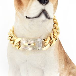 Coleira de cachorro com corrente de ouro com Bling Bling CZ Dimonds 19MM Heavy Duty Thick 18K Gold Cuban Link Chain Aço inoxidável Metal Links Colar de corrente de caminhada para cães pequenos e grandes