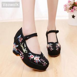 Stiefel Veowalk Blumen bestickte Frauen Wattebotte Stoff klobige High Heels Knöchelgurt Damen Casual Comfort Canvas Stickschuhe Pumpen Schuhe