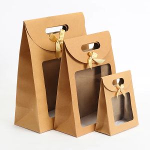 wholesale Kraft paper bag With window self supporting solid color bow portable flip gift bags ZZ