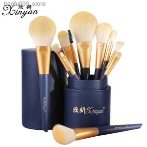 Pennelli per trucco XINYAN 11 pezzi Pennelli per trucco blu navy Set Ombretto in polvere Manico in legno correttore Cosmetico Sopracciglio Pennelli per trucco di bellezza Set Strumento Q231229