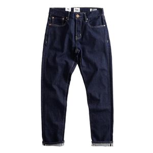 Outono retro pequeno reto fino jeans micro estiramento tendência masculino lavagem casual calças compridas azul escuro 2312129