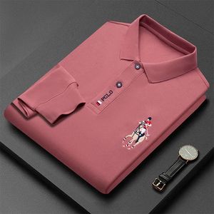 Модная мужская рубашка-поло с вышивкой и длинным рукавом, однотонная деловая повседневная рубашка с лацканами 231228