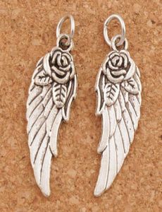 Angel Wing w Rose Spacer Charm Beads 100pcslot 303x107mm Antique Silver Pendants Handmade Jewelry DIY T16259990469