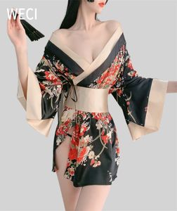 Weci women039s kimono pijamas de seda cosplay feminino traje japonês preto vermelho sexy lingerie exótica noite vestido underwe5715296