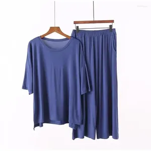 Calças femininas de duas peças tamanho grande mulheres modal pijama define verão manga curta top e bezerro macio sleepwear terno 7xl 150kg