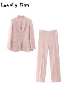 Elegante ricamo rosa blazer set di pantaloni lunghi per le donne 2 pezzi chic giacca da sposa pantaloni abiti da sera femminile tailleur pantalone 231229