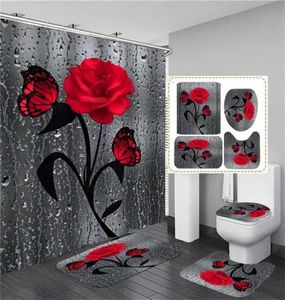 4 pcs Rose Print 3D Shower Curtain Waterproof Polyester Bathroom Curtain Antislip Bath Mats Set Toilet Rugs Carpet Home Decor 2112937831