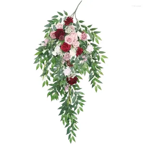 Flores decorativas artificial rústica rosa grinalda swag com folhas casamento arco cachoeira para porta parede mesa festa decoração