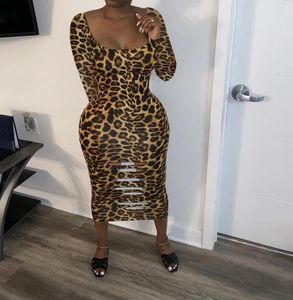 Casual Dresses Sexy Leopard Print Hollow Out Long Dress for Women 2023 Fall Low Cut Sleeve Male Night Club Party Robe Femme