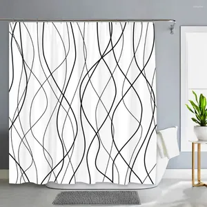 シャワーカーテン黒と白の縞模様のカーテン抽象モダンミニマリストの防水生地フック付きバスルームの装飾