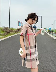 Women's oversized pure cotton plaid dress, women's 2023 summer new Korean version loose and slim, stylish mid length POLO dress