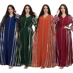 Ethnic Clothing Muslim Abayas For Women Striped Sequin Loose Robe Dubai Arabian Chiffon Beads Patchwork Light Luxury Arab Dress