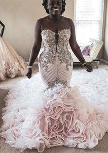 Luxury Cascading Ruffles Mermaid Wedding Dress 2024 Sweetheart Crystals Beaded Corset Backless Long Train Bridal Gowns African Vestidos De Novia