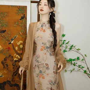 Ethnic Clothing Elegant Chinese Tradition Qipao Dress Sexy Sleeveless Split Cheongsam Classic Print Flower Mandarin Collar Female Vestidos