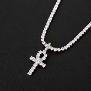 Iced Out CZ Chiave della Vita Collana con ciondolo croce egiziana Catena da tennis da 4 mm SOro Argento per uomo Gioielli Hiphop2026