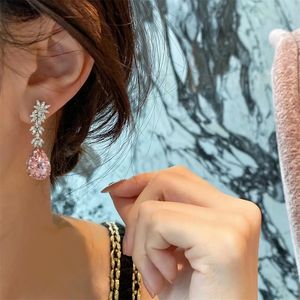 Choucong Ins I più venduti Orecchini pendenti Gioielli di lusso Argento sterling 925 Warter Drop Topazio rosa Zircone CZ Pietre preziose Gioielli per feste Donna Orecchino da sposa Regalo