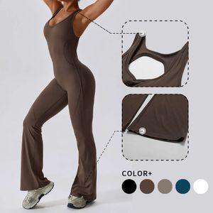 Lu Align Lu Set Yoga Sport Back Outfits Jumpsuit Hollow Out Flared Trousers Tights Push-up Sports Bodysuit Women Fitness Suit Workout Sportswear Gym LL Lemon