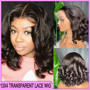 Brazilian Peruvian Indian 100% Remy Virgin Human Hair Natural Color Loose Wave 13x4 Transparent Lace Frontal Short Wig With Black Women