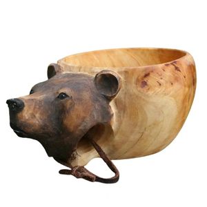 Delicate Water Mug Hand Carved Wooden Cup Fox Crafted Nordic Style Wood Camp Mug Animals Head Image Cup Milk Cup for Home 231228