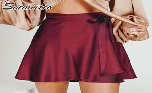 Spódnice Surmiitro 2021 Satin Summer Mini Wrap Spódnica Women Korean Style Czerwony różowy koronkowy koronka w wysokiej talii Kobieta 7613579