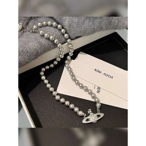 Viviennely Westwoodly Grey Pearl Sweater Necklace Women's 2023 Neckchain Collar Chain High end Accessories
