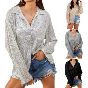 Blusas femininas camisa de lantejoulas de poliéster mulheres lapela lapela cardigan para desempenho brilhante clube festa top macio solto sólido