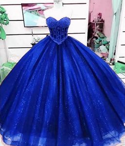 Quinceanera Dresses Royal Blue Party Prom Ball Gown Sweetheart Beaded Tulle Sequined Custom Zipper Lace Up Plus Size New Vestido De For Sweet 15