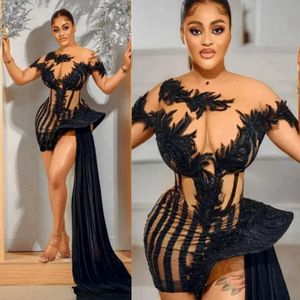 Afrikanska arabiska aso ebi prom klänningar korta ärmar illusion kort promdress spets pärlformad formell aftonklänning elegant födelsedagsfest klänningar engagemang klänning nl176